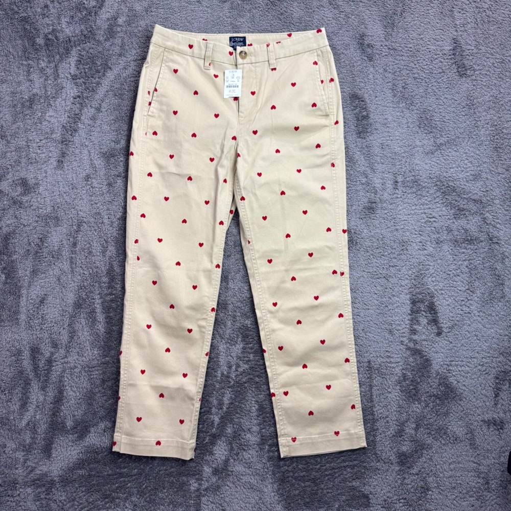 J.Crew High-Rise Girlfriend Chino Pants Tan Red Heart Embroidered 6P BU443 NEW